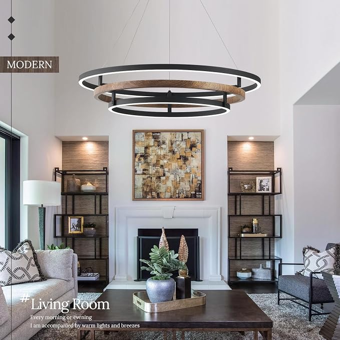3 Ring LED Chandelier Walnut Wood Black Chandelier Light Fixture 31in Dimmable - Image 9