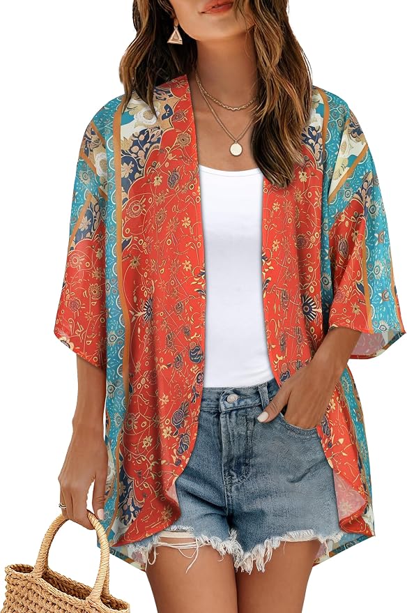 Women's Floral Print Puff Sleeve Kimono Cardigan Loose Cover Up Casual Blouse by CHICGAL