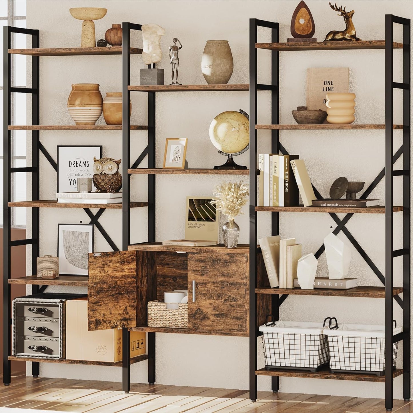 70 x70" Triple 5 Tier Book Shelf, Industrial Large Bookcase with Storage Cabinet, Tall Bookshelf with 14 Open Display Shelves Metal Frame Furniture for Living Room Bedroom Home Office Rustic Brown
