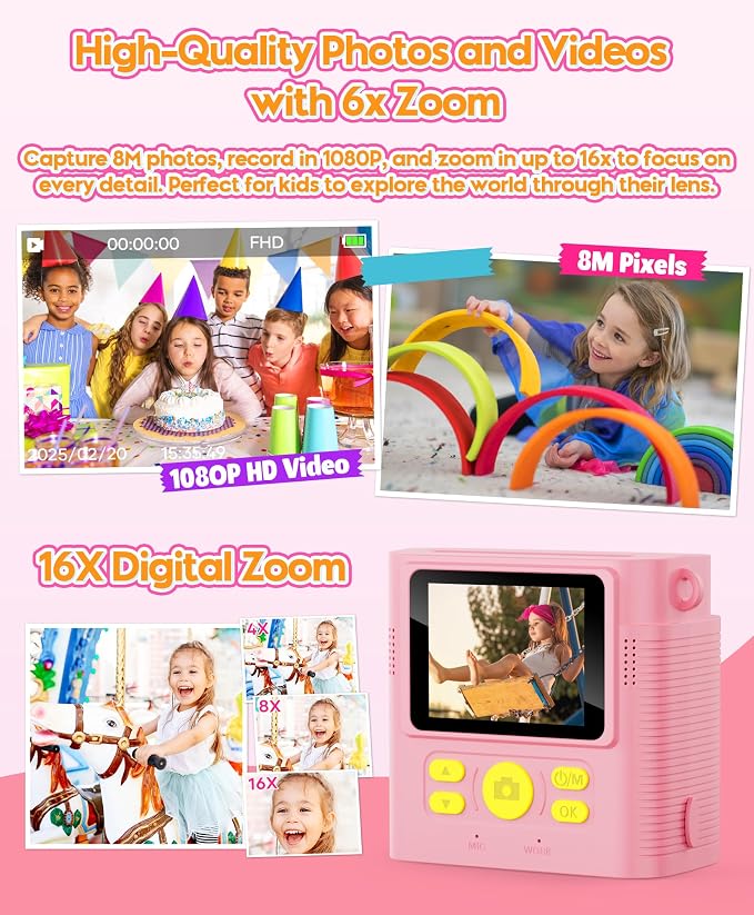 Kids Instant Print Camera Ages 3-12 1080P Selfie 2.4" Screen 32GB Gift Pink | - Image 4