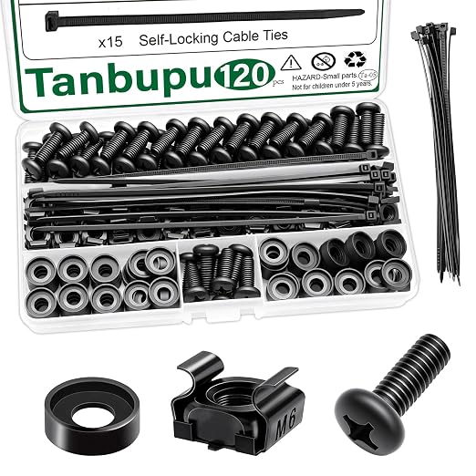 120Pcs M6 x 16mm Rack Mount Cage Nuts, Washers and Self-Locking Cable Ties by Tanbupu