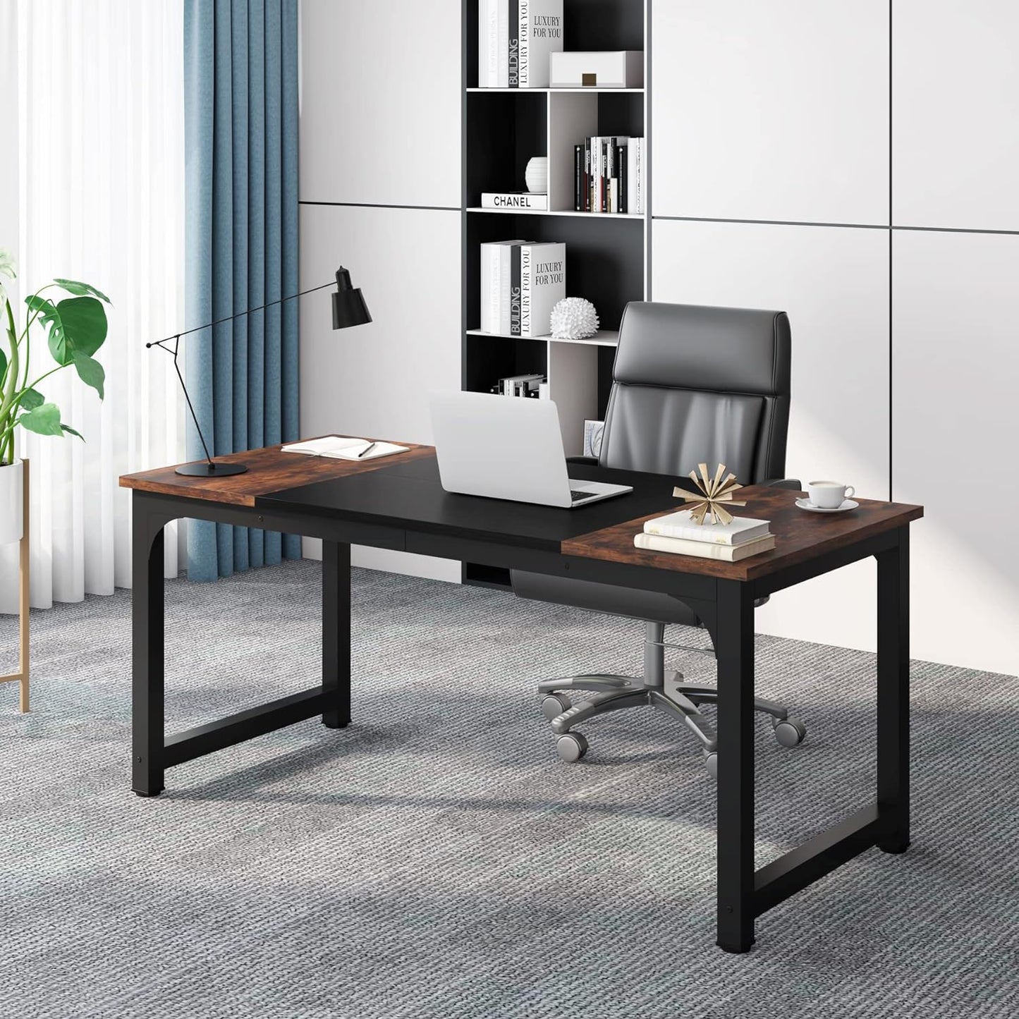 Tribesigns 63” Executive Desk, Large Office Computer Desk with Thicken Frame, Modern Simple Workstation Business Furniture for Home Office, Rustic Brown/Black