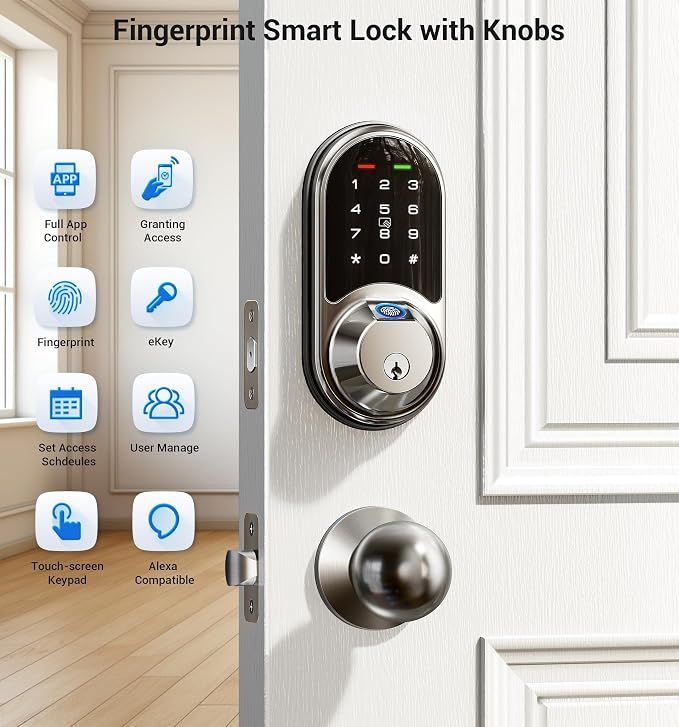 Veise RZ07C Smart Locks for Front Door, 2 Knob Handle Set, Fingerprint Keyless - Image 4