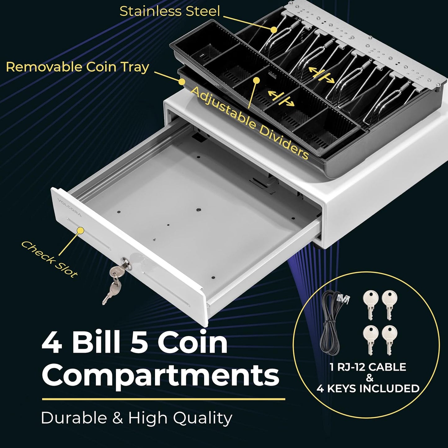 Volcora 13" Manual Push Open Cash Register Drawer for Point of Sale (POS) System, White Heavy Duty Till with 4 Bills and 5 Coin Slots, Key Lock with Fully Removable Money Tray and Double Media Slots
