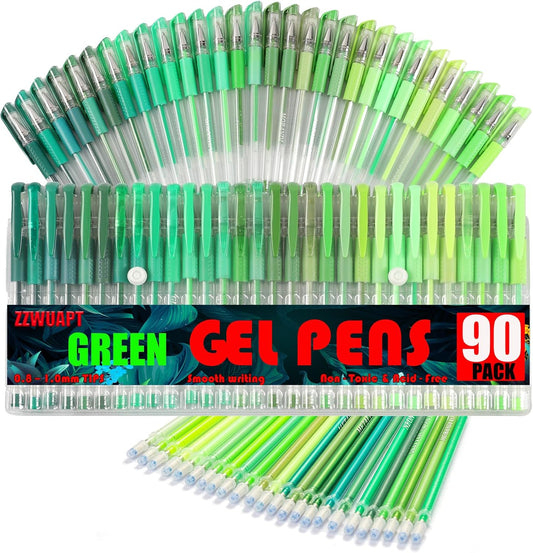 90 Pack Green Tone Gel Pens, 30 Green Tone Gel Pens with 60 Refills,40% More Ink Colored Gel Pens for Adults Coloring Books Drawing Doodling Scrapbook Journaling