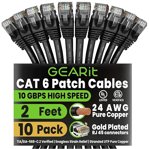 GEARit Cat 6 Ethernet Patch Cable 2 ft Black Cat6 Patch Cables 2ft by GEARit