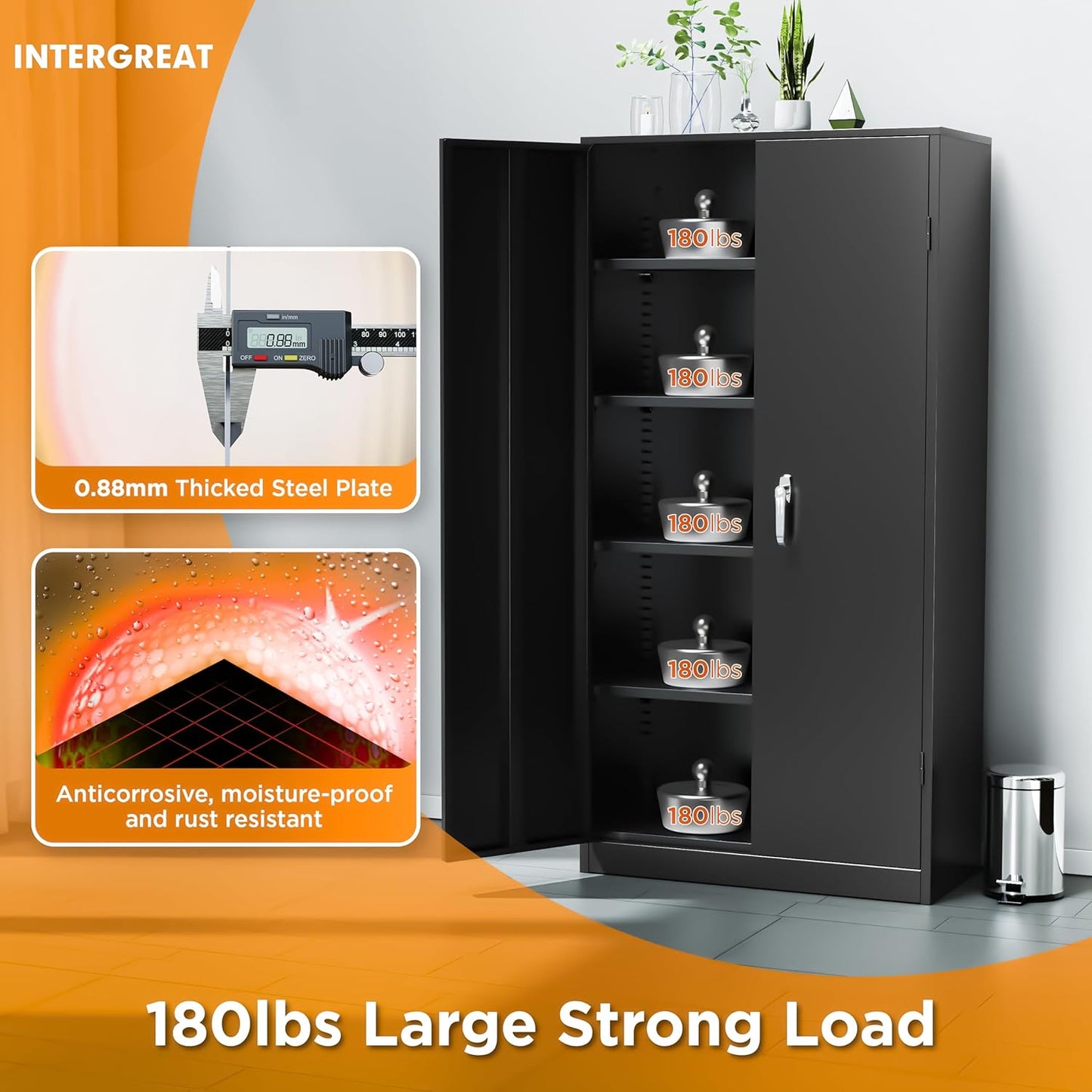 INTERGREAT Black Metal Storage Cabinet with Lock, 72" Tall Lockable Garage Storage Cabinet with Doors and Shelves, Cabinets for Home Office, Warehouse
