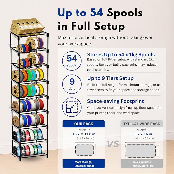 9-Tier 3D Printer Filament Storage Rack, Holds Up to 54 1kg Spools, - Image 2