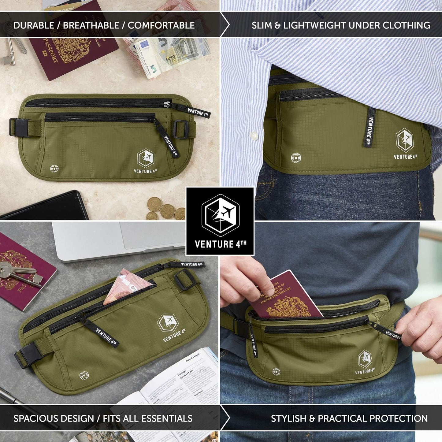 VENTURE 4TH Travel Money Belt - Slim Passport Holder RFID Blocking Travel Pouch to Protect Cash, Credit Cards and Travel Documents (Green)