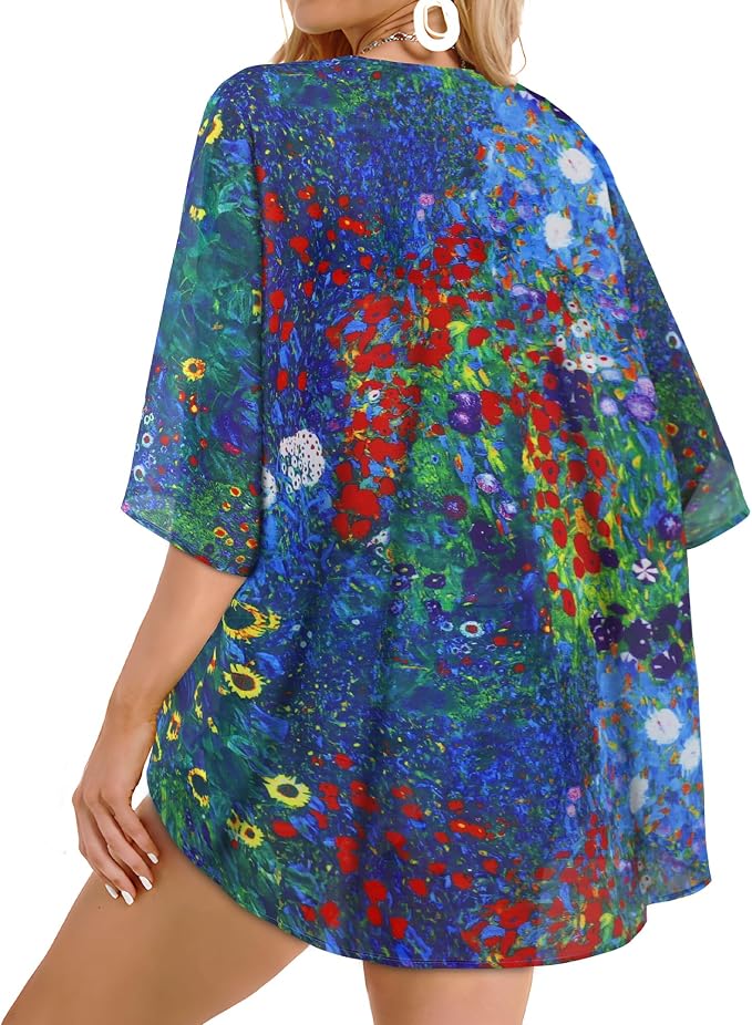Women's Floral Print Puff Sleeve Kimono Cardigan Loose Cover Up Casual Blouse - Image 6