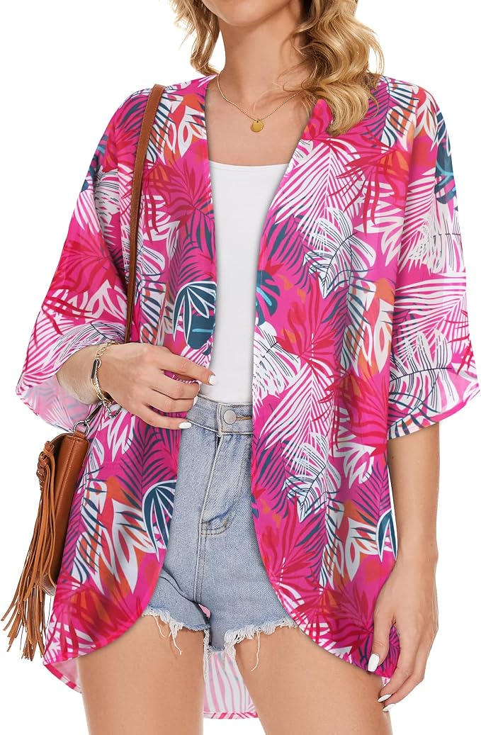 Women's Floral Print Puff Sleeve Kimono Cardigan Loose Cover Up Casual Blouse - Image 3
