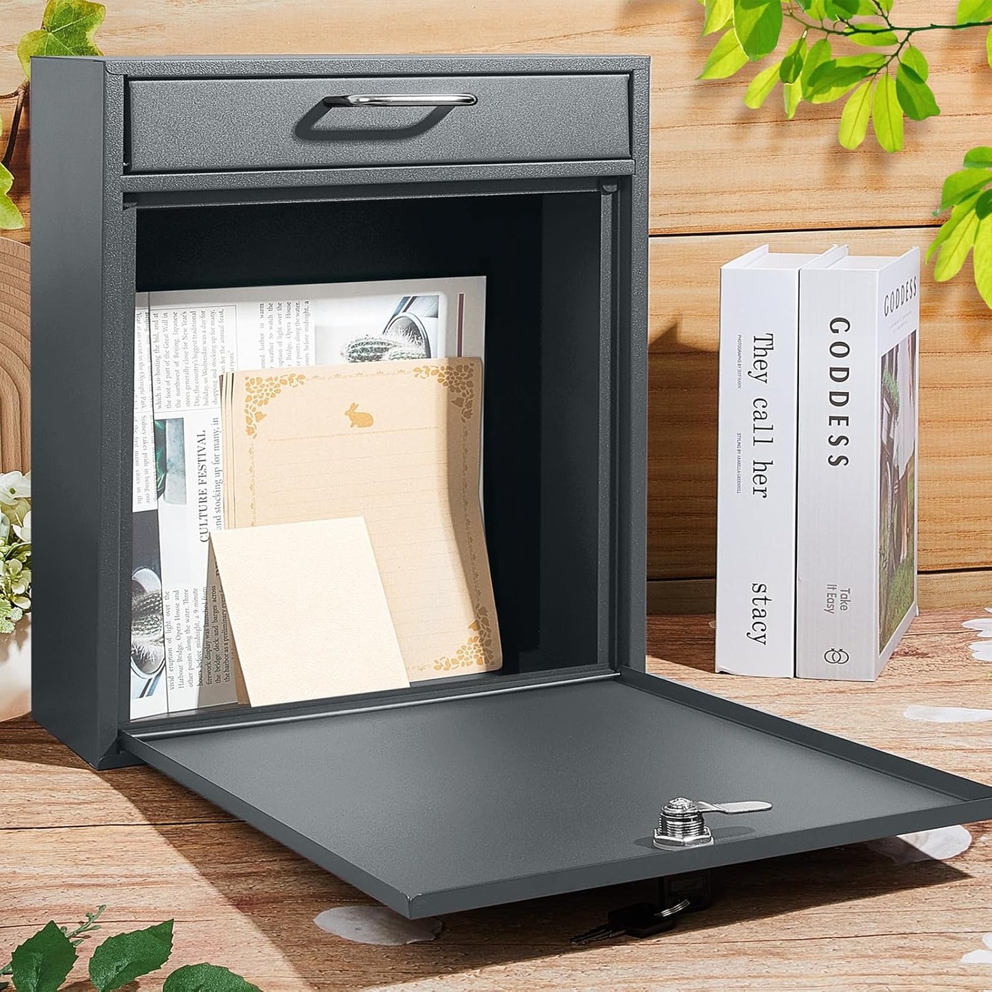 Locking Mailbox with Key for Outdoor 12 x 10.5 x 4.7 Inches Large Wall Mount Mail Box with Lock Security Mail Drop Metal Collection Boxes Hanging Secure Postbox(Dark Gray)