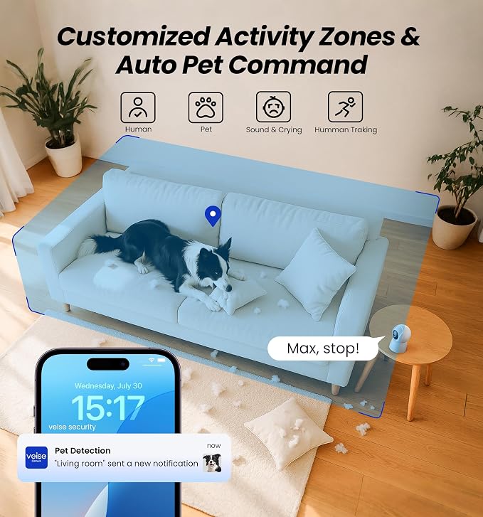 Veise 2K Indoor Camera for Home Security, 360° Wireless WiFi Pet & Baby Monitor - Image 3