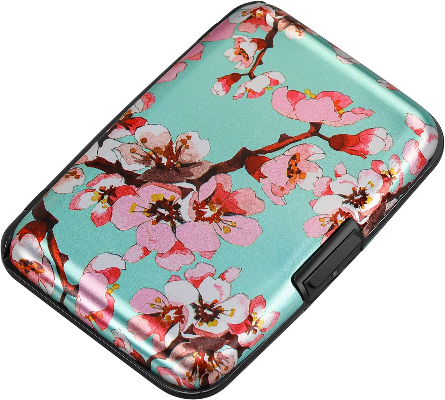 ELFISH Mini RFID Aluminum Wallet Credit Cards Holder Business Card Case Metal ID Case for Men Women（Pink Peach Blossom