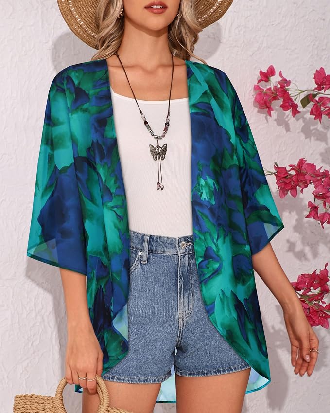 Women's Floral Print Puff Sleeve Kimono Cardigan Loose Cover Up Casual Blouse - Image 3