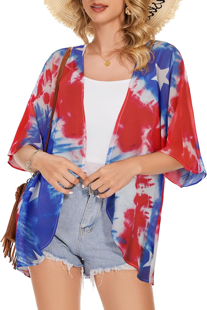 Women's Floral Print Puff Sleeve Kimono Cardigan Loose Cover Up Casual Blouse - Image 2