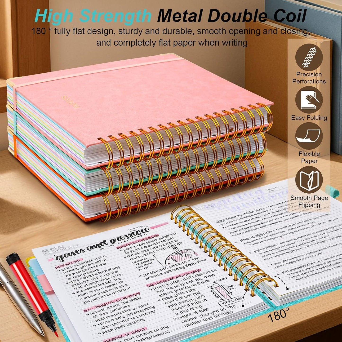 Hardcover Spiral Notebook 8"x10" Journal Notebook with Tabs and Removable Dividers 300 Pages 5 Subject Notebook College Ruled, Faux Leather Spiral Bound Notebook for Women, Students, School Work (Blue)