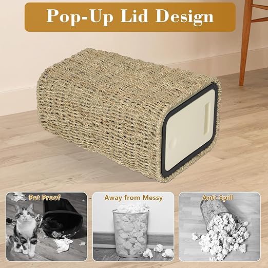 Trongee Boho Trash Can with Lid, 3 Gallon Small Rattan Trash Can with Press Top - Image 5