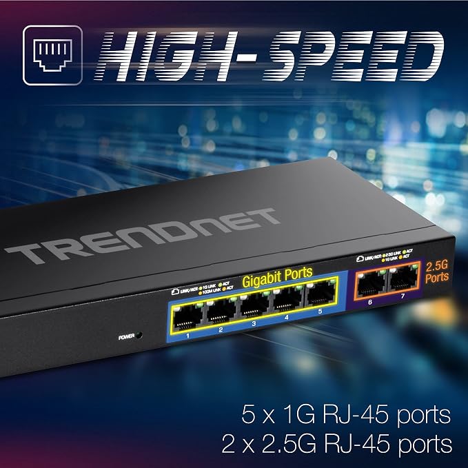 TRENDnet 7-Port Multi-Gig Gaming Switch, 5 x 1G RJ-45 Base-T Ports, 2 x 2.5G - Image 3