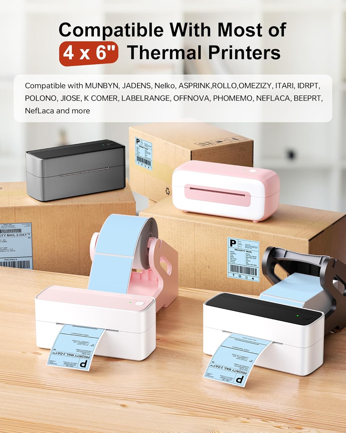 Phomemo 4x6 Thermal Labels for Shipping Label Printer - 500PCS Blue Mailing Labels - 4x6 Direct Thermal Label Fanfold Compatible with Rollo,MUNBYN,JADENS,POLONO,Nelko - Water/Oilproof - NO BPA/BPS