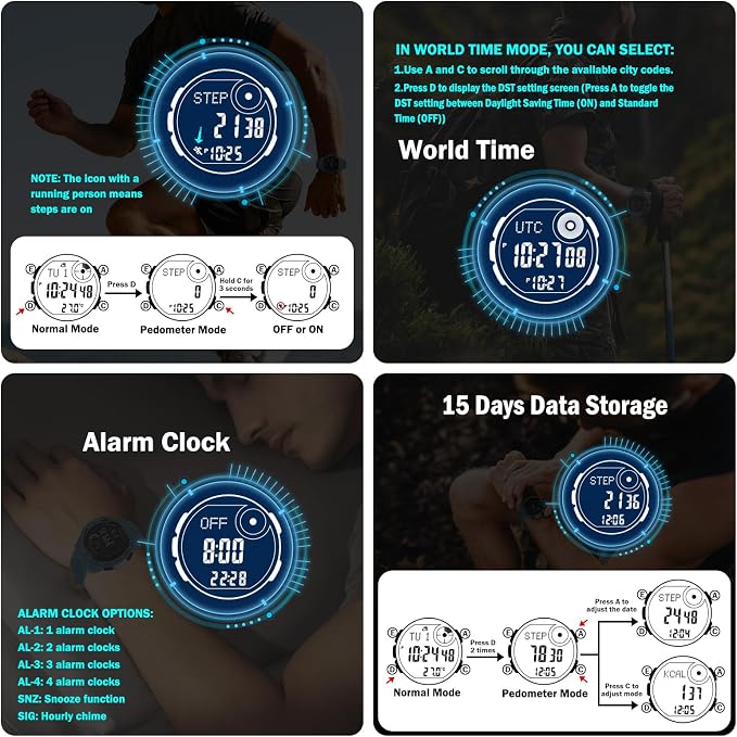 AVTREK Tactical Watch with Compass, 50M Waterproof Digital Pedometer, Altimeter - Image 6