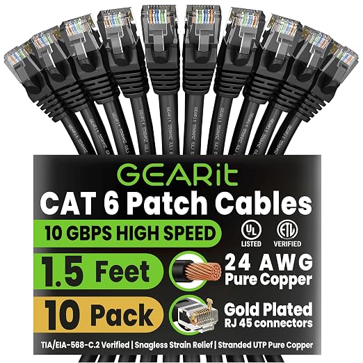 GEARit Cat 6 Ethernet Patch Cable 1.5 ft Black Cat6 Patch Cables 1.5ft by GEARit