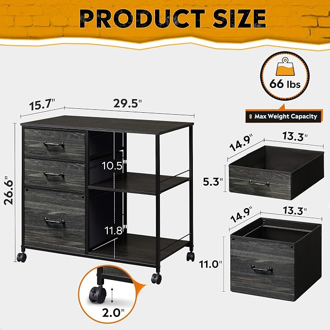DEVAISE 3 Drawer File Cabinet, Mobile Filing Cabinet Rolling Printer Stand - Image 3