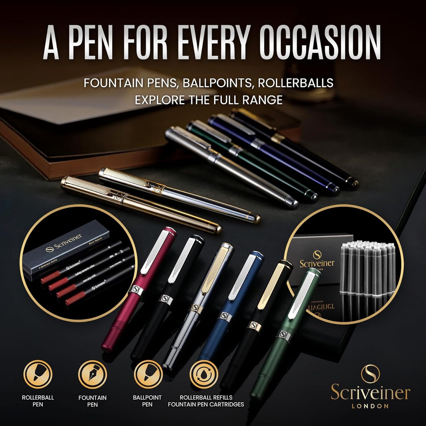 Scriveiner Silver Chrome Ballpoint Pen - Stunning Luxury Pen with 24K Gold Finish, Schmidt Black Refill, Best Ball Pen Gift Set for Men & Women, Professional, Executive, Office, Nice, Fancy Pens