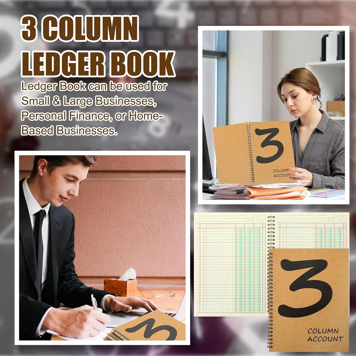1Pcs Accounting Ledger Book 3 Column 7 * 9.25inch Columnar Notebook Columnar Pad 3 Columns Kraft Paper Cover 100 Pages for Personal Use Small Business(50 Sheet)