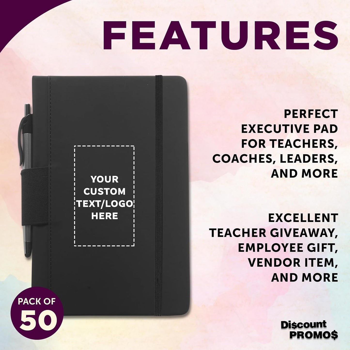 DISCOUNT PROMOS 50 Executive Notebooks with Pen Pack - Customizable Text, Logo - 6 x 8.5 inches, Recycled, Pen Loop, Closure Strap - Black