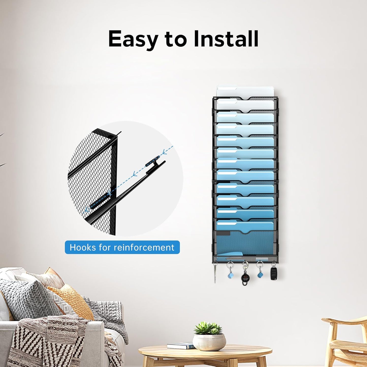 SUPEASY 13-Tier Wall File Holder Organizer with Hooks, Mesh Hanging File Organizer, Mail Organizer Wall Mounted for Papers, Folders, Office Magazine Rack, Assembly Needed, Black 2 pack