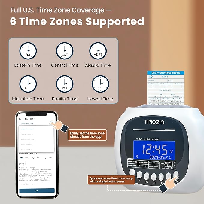 Time Clock for Employees Small Business, 6 U.S. Time Zones, Automatic Daylight - Image 2
