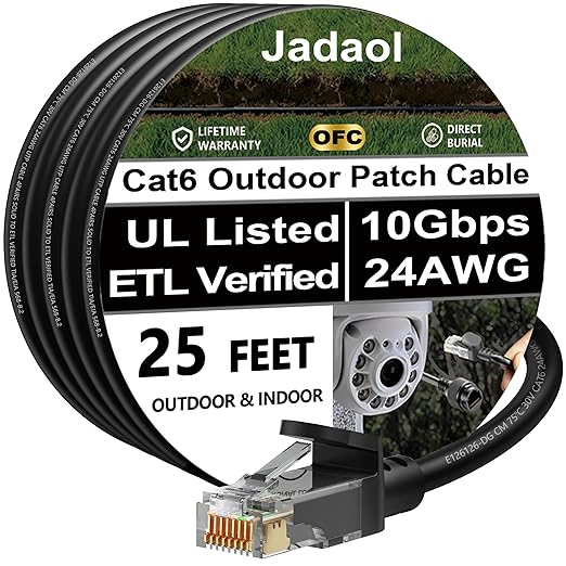 Cat 6 Outdoor Ethernet Cable 25 ft, Support Cat8/7 Network, 10Gbps 550MHz by Jadaol