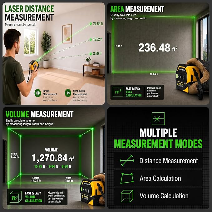 4-in-1 Digital Green Laser Tape Measure, 16FT Tape, 328FT Distance Meter | 33FT - Image 7
