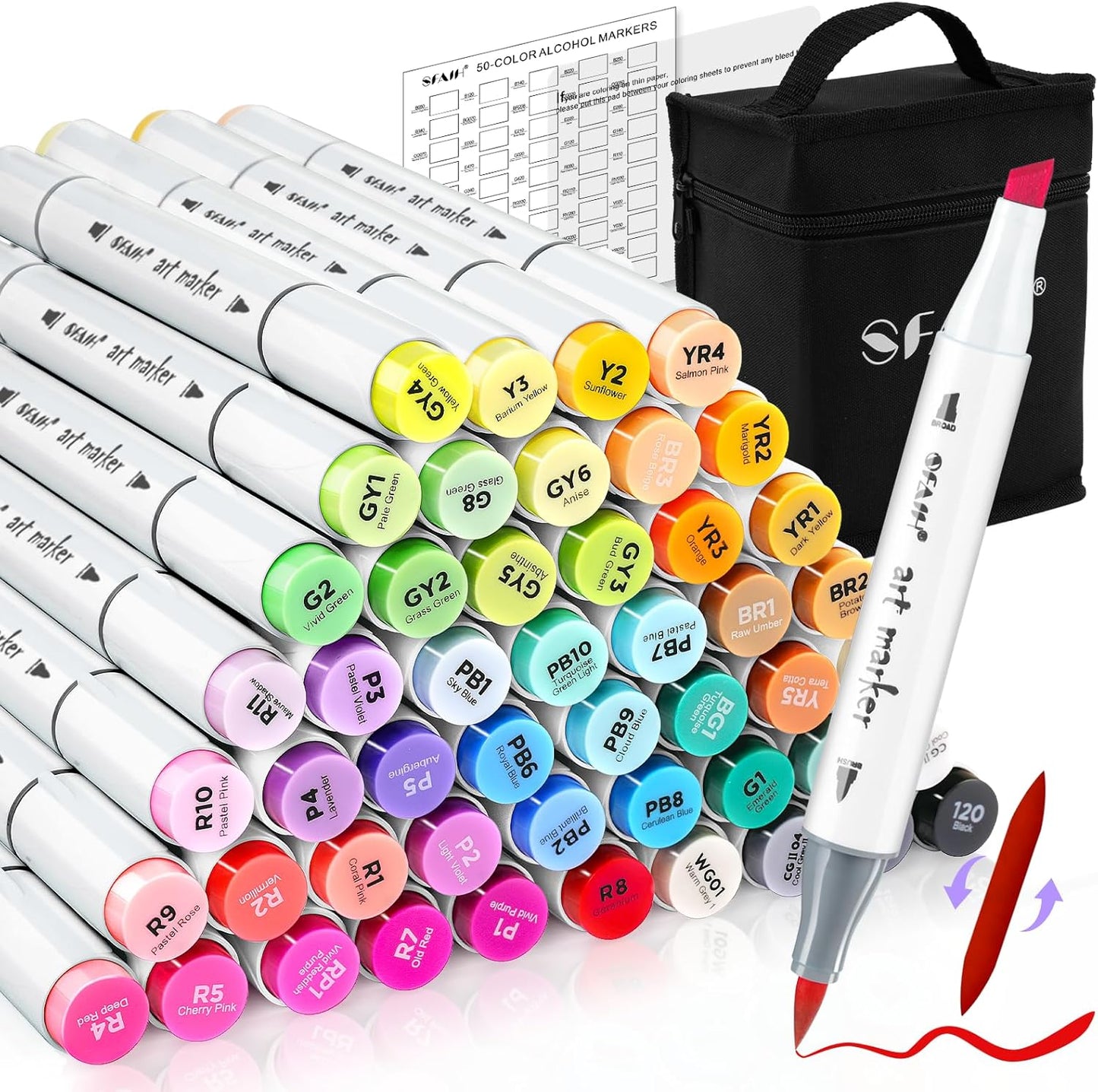 SFAIH Alcohol Markers Brush Tip & Chisel Tip - 49 Colors Double Tipped Art Markers for Adult Coloring Books Illustration, Gifts for Artist Adult - Refillable Alcohol-based Ink