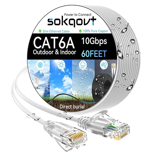 Cat6a Ethernet Cable Slim 60ft Outdoor&Indoor, 28AWG Pure Copper Cat6 Internet by Unknown