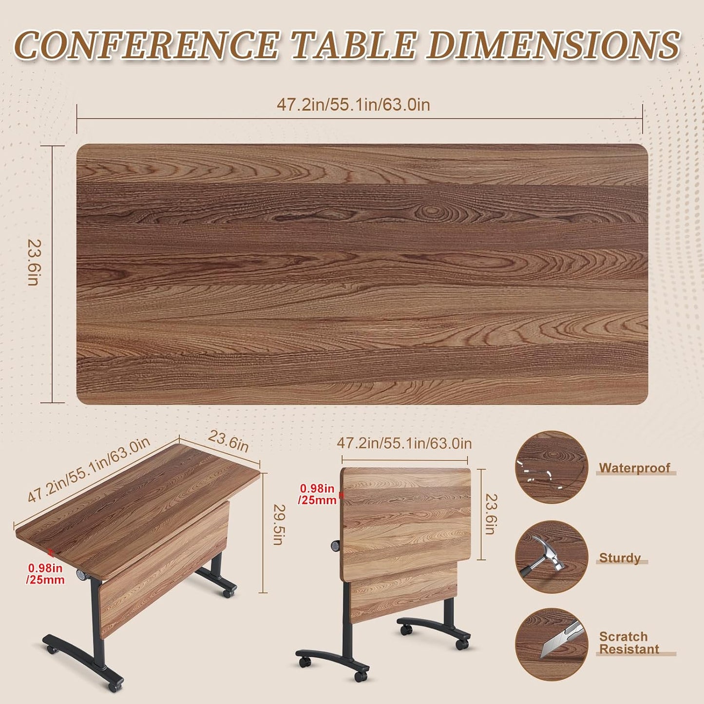 Folding Conference Room Table, Modern Conference Tables with Silent Wheels, Large Rectangular Mobile Training Tables for Office Classroom, Foldable Modular Boardroom Seminar Table (10pack L55.1in)