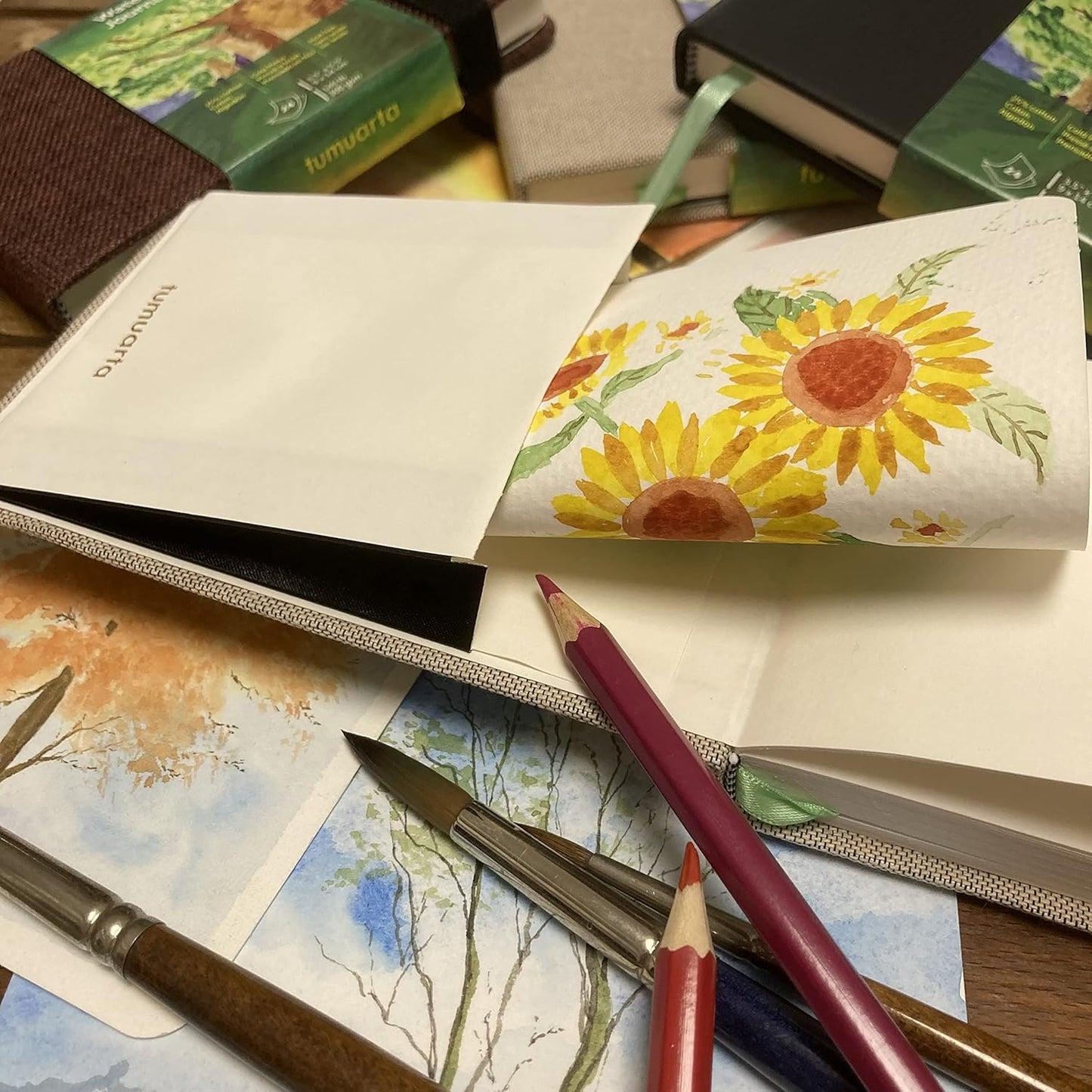 tumuarta Watercolor Journal,140 LB, 300 GSM, 8.25x5.5, Cotton Paper, Cold Press, 24 Sheets, 48 Pages, Watercolor Paper Sketchbooks for Use As Travel Notebook and Mixed Media Pad