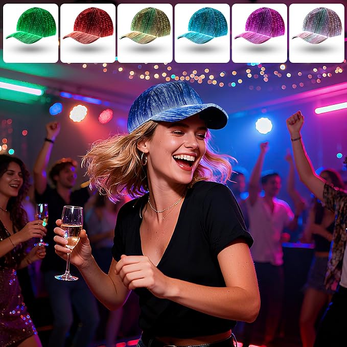 LIOVODE LED Hat, 7 Colors Baseball Cap Light Up Rave Hat Fiber Optic Luminous - Image 2