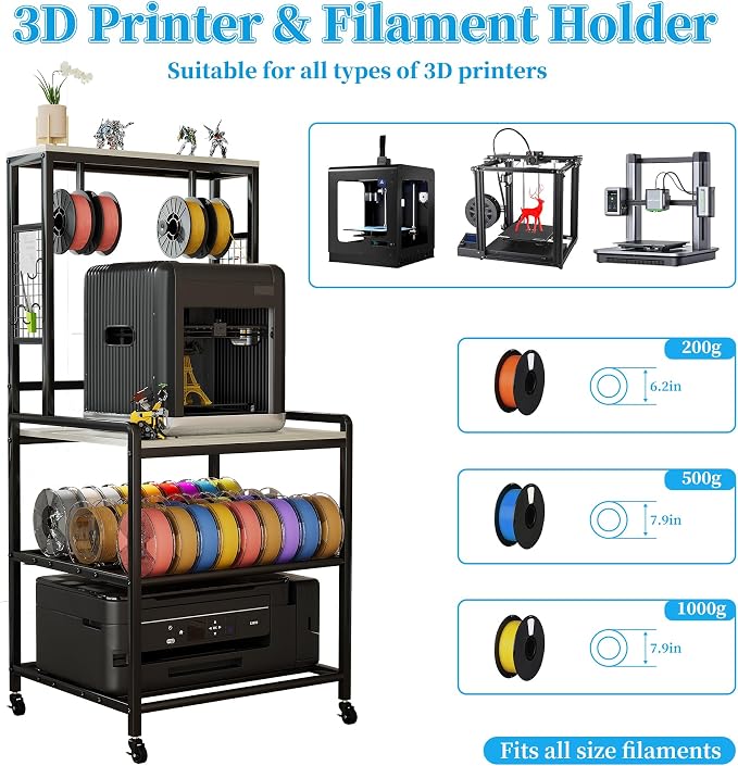 kepptory 3D Printer Stand with Power Outlet, Rolling Storage Cart w/Filament - Image 3