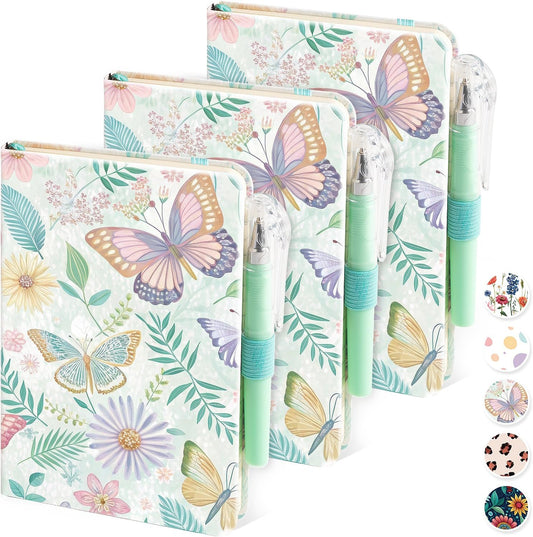 Aesthetic Small Journal Notebook, 3 Pack Mini Pocket Notebook with Pen, (Butterfly Garden) 3.7" x 5.7", 100GSM Lined Paper, Hardcover Small Notepad for Kids/Girls/Women Writing Note Taking