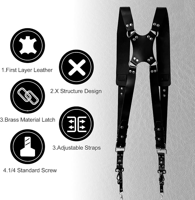 Double Camera Strap, Shoulder Camera Strap Harness Leather Dual Camera Strap - Image 7