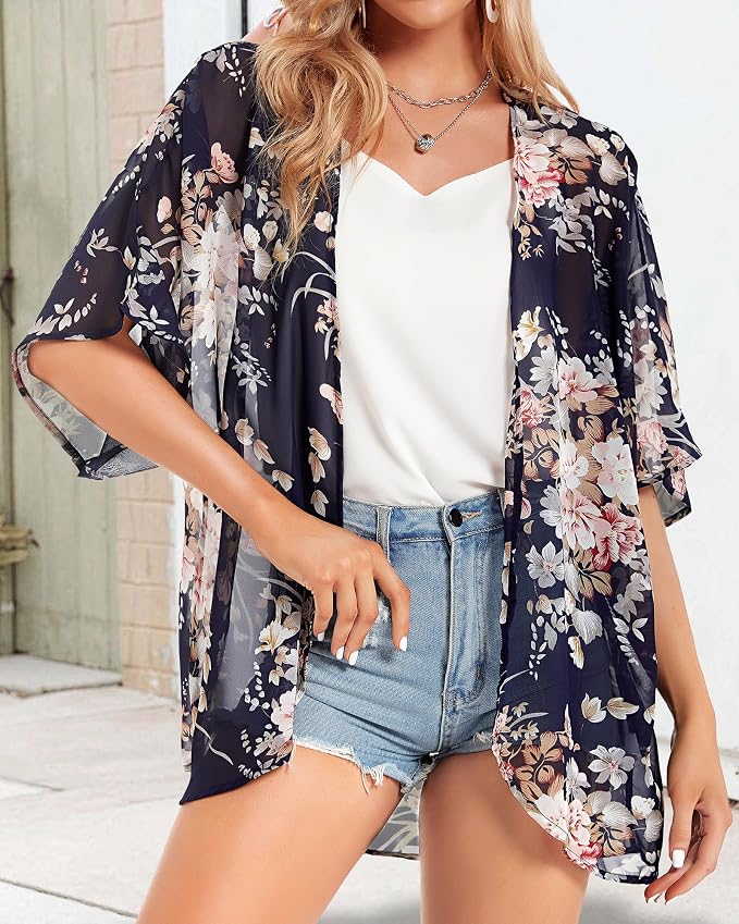 Women's Floral Print Puff Sleeve Kimono Cardigan Loose Cover Up Casual Blouse - Image 5