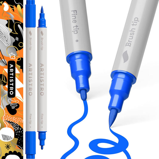 ARTISTRO 2 Blue Acrylic Paint Pens, Acrylic Paint Markers Dual Tip (Brush + Fine 1 mm), Canvas, Rock, Glass, Wood, Paper, DYI, Markers for Kids and Adults