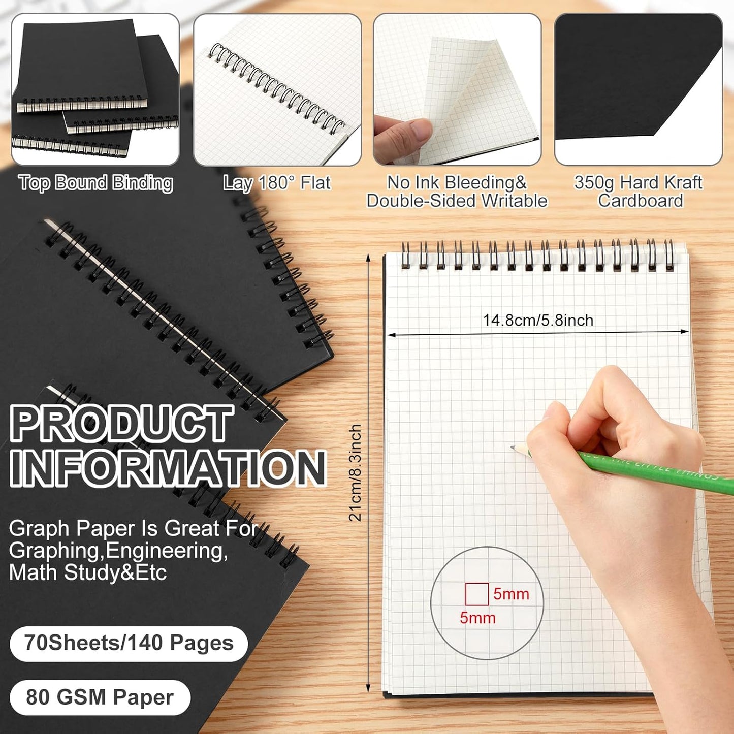 2 Pack Graph Paper Spiral Notepad A5 Top Wirebound Notepad Grid Notebook Steno Pads Memo Notebook Grid Paper 140 Pages for Writing Sketching Drawing Office Supplies (Black)