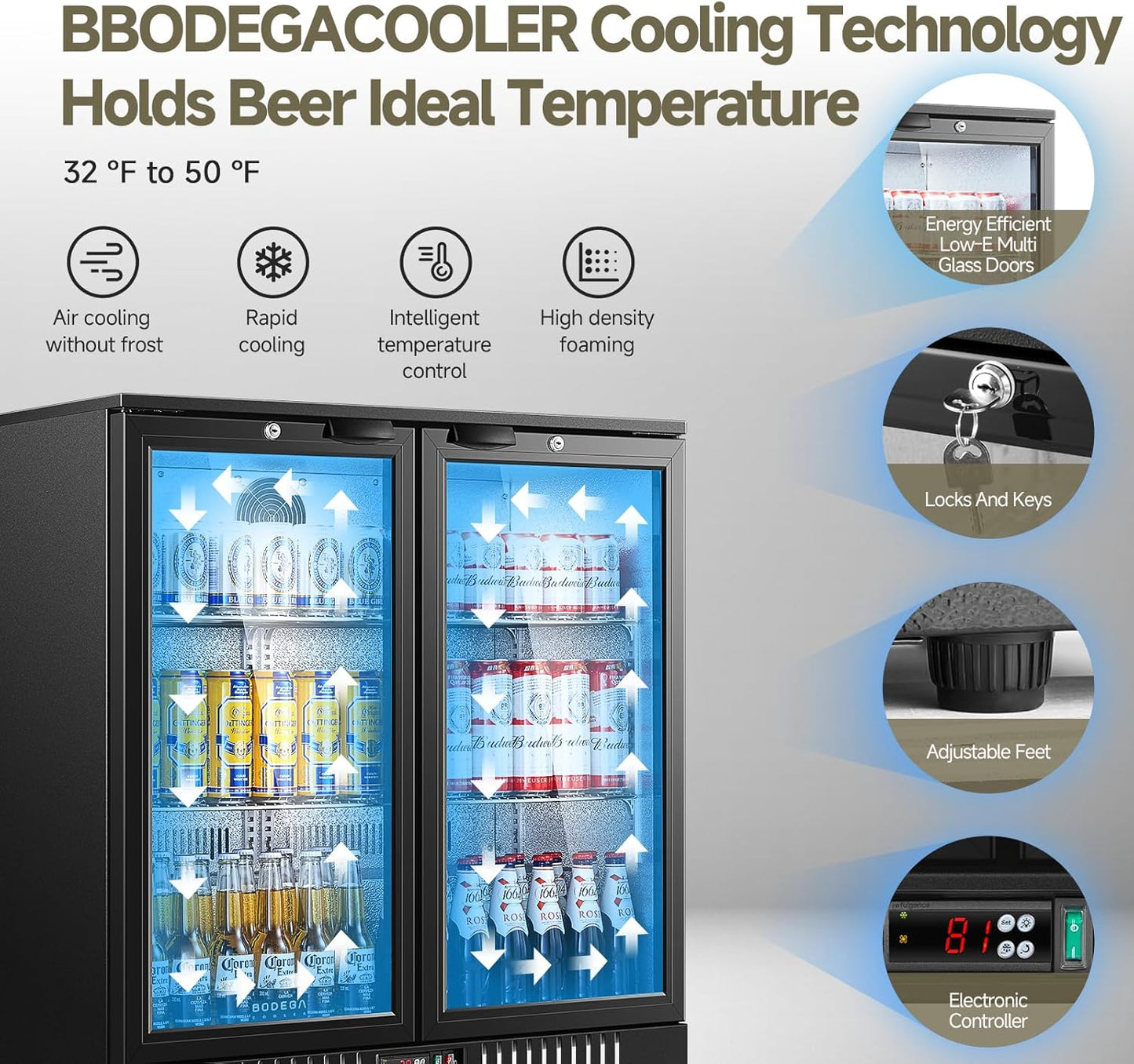 BODEGACOOLER Back Bar Cooler With 2 Glass Doors,Commercial Bar Cooler Under Counter7.4Cu.Ft,Back Bar Fridge, Beverage Bar Refrigerator with LED Lighting for Display Beverage,for Beer,Soda Drinks,Wine