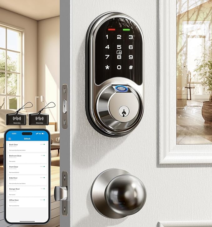 Veise RZ07C Smart Locks for Front Door, 2 Knob Handle Set, Fingerprint Keyless by Veise
