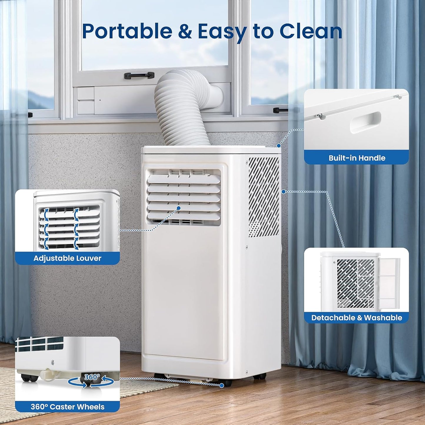 ZAFRO Portable Air Conditioners, 10000 BTU, 3 in 1 Portable AC Unit with Window Kits, Fan & Dehumidifier Modes, Cools up to 450 Sq.Ft, LED Display/Remote Control, 24H Timer for Living Room, Bedroom