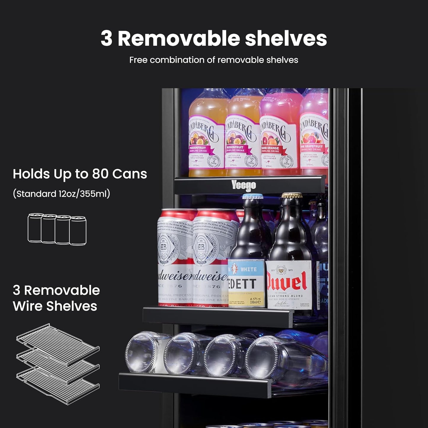 Yeego 15 Inch Beverage Refrigerator – 80 Can Mini Fridge with Glass Door, Built-In or Freestanding Cooler for Home Bar Office