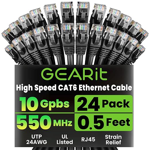 GEARit Cat 6 Ethernet Patch Cables 0.5 ft Black, High Speed 24AWG 10Gbps RJ45 by GEARit